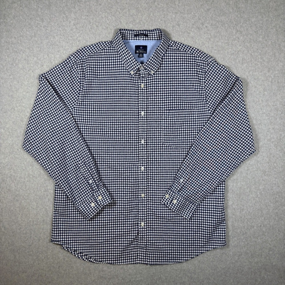 Ben Sherman Mens XXL Navy Blue Gingham Stretch Long Sleeve Button Down Shirt